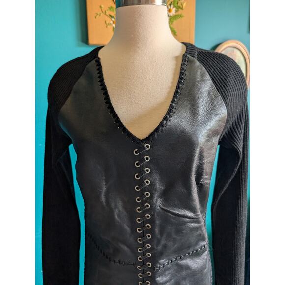 Women's vintage 90s leather lace up bodycon dress size medium large biker punk - Picture 2 of 7